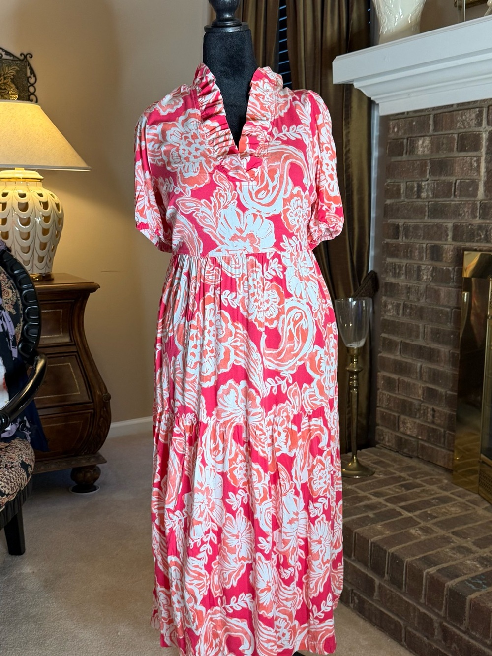 Crown & Ivy XL Coral Pink Floral Ruffle Maxi Dress Puff Sleeve Cottagecore